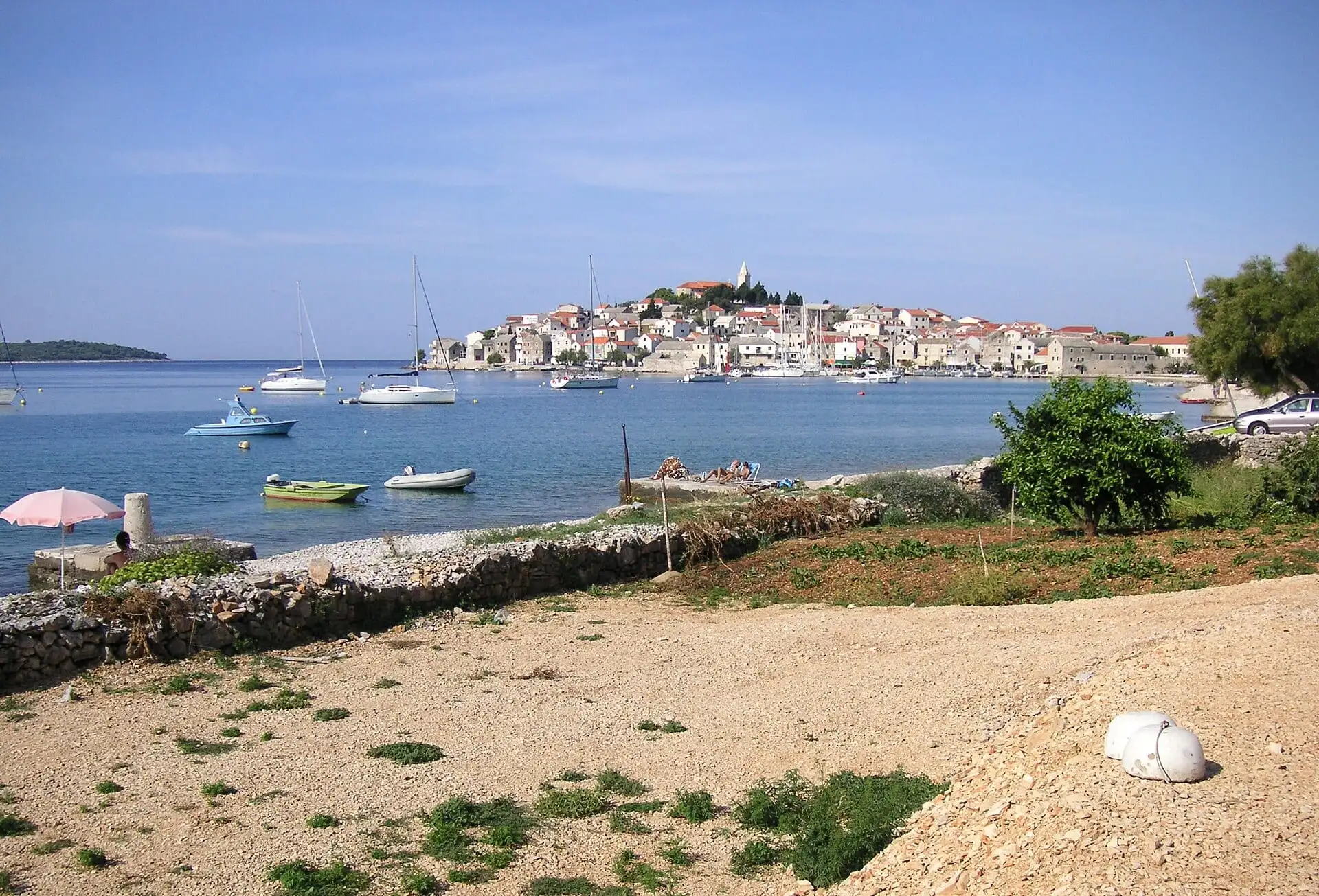 Primošten — view across the bay to the old town on the peninsula
